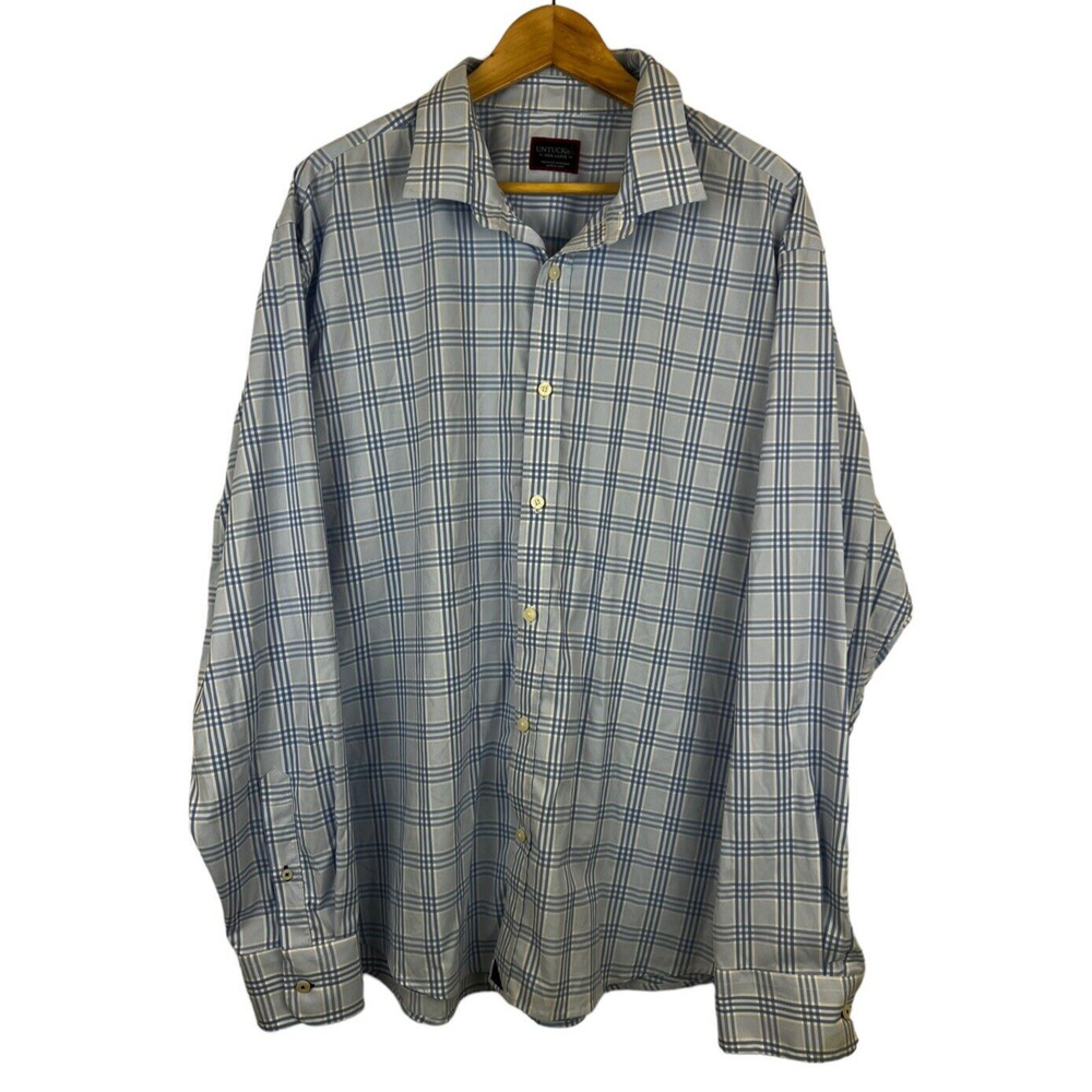 UNTUCKit Shirt Men XXXL 3XL Blue White Check Button Up Stretch‎ Nylon Spandex